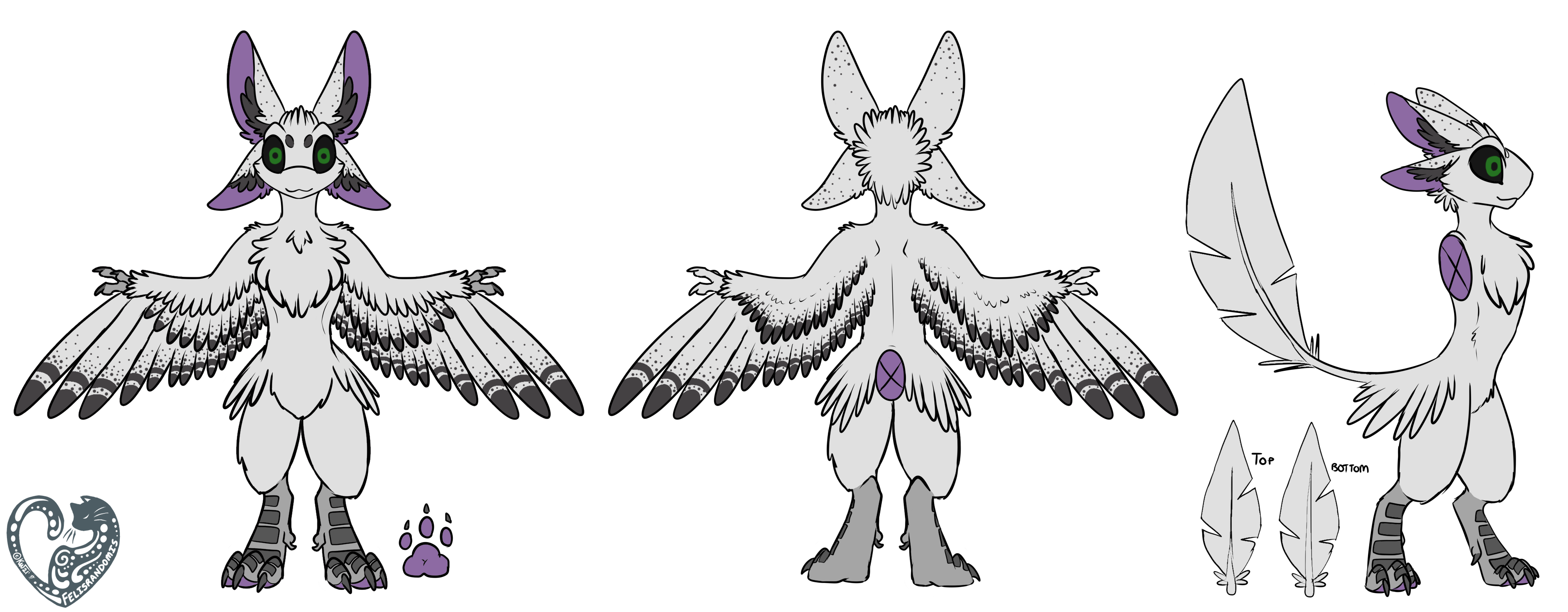 A reference sheet image of Emerald, a white avali with green eyes and black speckling around the tips of her arm feathers.