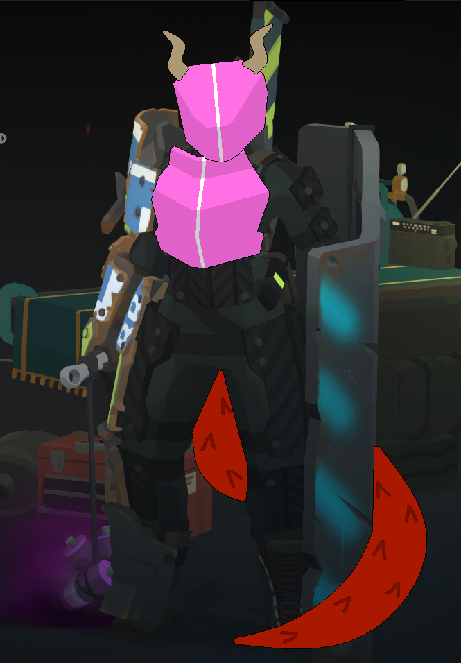 An image of Juniper. It's wearing a chestplate and helmet, both pink. The helmet has dragon horns coming out of it. The image is traced over Dall from Tactical Breach Wizards (just until the commission comes in)